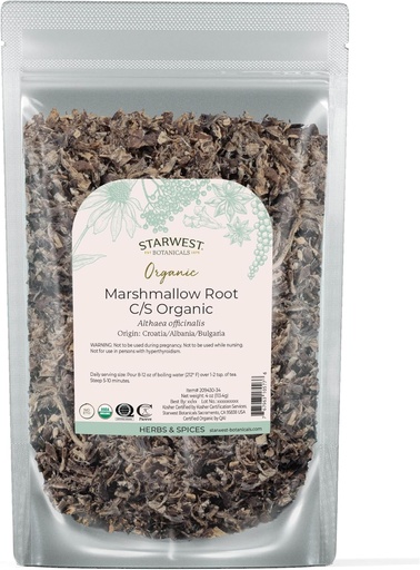 [BRSWIZQNOQBAGCLI] Starwest Botanicals Organic Marshmallow Root - Tørket urt for te, løs blad Root Herb, Cut & Sifted, sertifisert Kosher, ikke-GMO - 4 oz Pouch