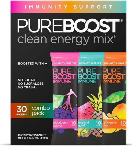 [BRSWYFIROF7WMEL6] Pureboost Immune Clean Energy Booster, rafraîchir le mélange de boisson énergétique et supplément d'immunité avec Elderberry, 1 200 mg de vitamine C, vitamines A + D et zinc. Sans sucre (Combo Pack, 30 Compte)