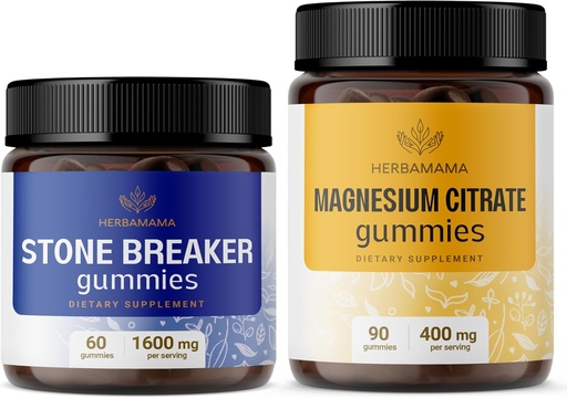 [BRSRAGAEAUDQEF3O] HERBAMAMA Stone Breaker and Magnesium Kit - Bundle of 1600 mg Chanca Piedra & 400 mg Magnesium Citrate Gummies - Vegan, Non-GMO, Gelatin-Free - 2 Pack
