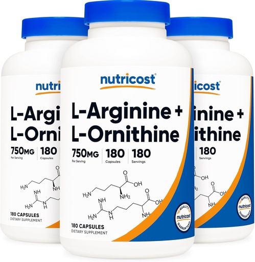 [BRSWKEICBUFBMCA5] Nutricost L-Arginine L-Ornithine 750mg; 180 capsules (3 botellas)