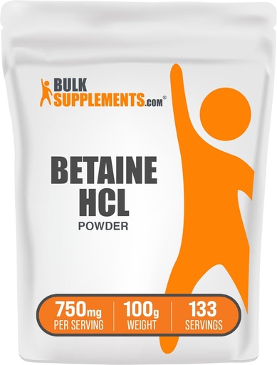 [BRSWKHY3OMJR6GDH] BulkSupplements.com Betaine HCl Powder - Betaine Hydrochloride Supplement, Digestive Support - Gluten Free, 750mg per Serving, 100g (3.5 oz) (opakowanie po 1)