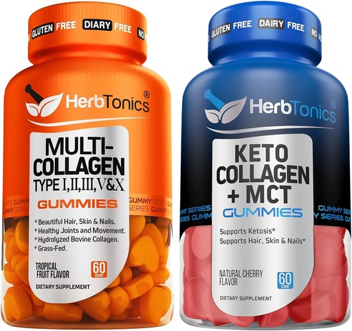 [BRSROHACBVYRO2TA] Herbtonics Multi Collagen Gummies Type 1,2,3,5 & 10 with Biotin for Hair Growth, Skin, Nails Keto Gummies with MCT + Collagen | Sugar Free | Anti Aging, Hair Growth, Skin Care & Strong
