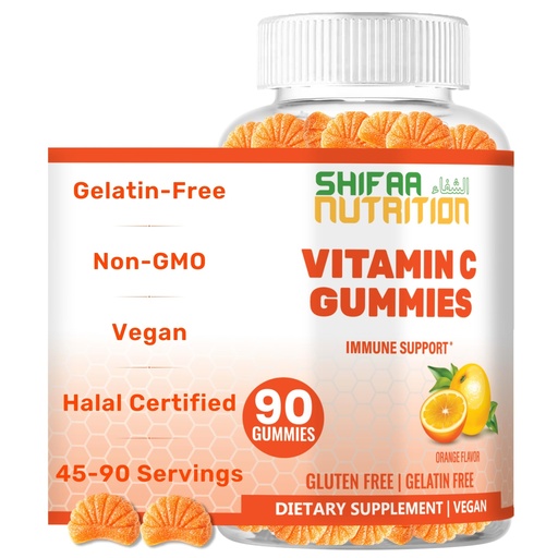 [BRSWYEI5OICGGCAZ] SHIFAA NUTRITION Vegan Vitamin C Gummies | 90 Gummies, 250mg 45 Servings | Non-GMO | Gluten-Free, Gelatin-Free | Immune Support Gummy & Seasonal Support for Kids & Adults Halal Vitamins