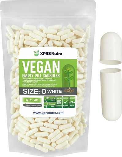 [BRSWGCANB4CAY3QU] XPRS Nutra Size 0 Empty Capsules - 500 Count Empty Vegan Capsules - Vegetarian Pills - DIY Vegetable Capsule Filling - Veggie Pill Caps for Do-It-Yourself Supplements (White)