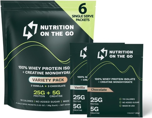[BRSRAGAROIPAGDTB] Nutrition On The Go Whey Protein Isolate Packets with Creatine – 25g Protein + 5g Creatine – Single-Serve Travel Protein Powder - Variety Pack (Vanilla & Chocolate) (6-Pack)