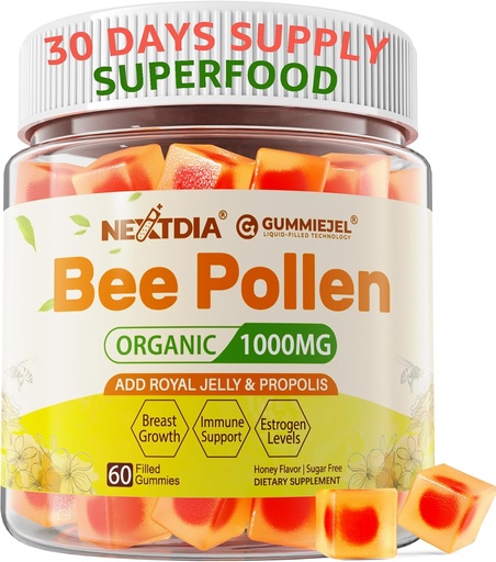 [BRSRAFAQOIJWG23D] Bee Pollen Organic 1000mg, w/Propolis, Royal Jelly, Sokeriton Bee Pollen Gummies Rikas B-vitamin, antioksidantteja, Aminohapot, Bee Pollen Supplement for Energy, Skin & Immuun (1 Pack)