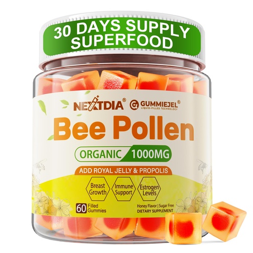 [BRSRAFAQOIJWG23D] Nextdia Bee Pollen Organic 1000mg, w/Propolis, Royal Jelly, Sugar Free Bee Pollen Gummies Rich in B-Vitamin, Antioxidants, Amino Acids, Bee Pollen Supplement for Energy, Skin & Immune (1 Pack)