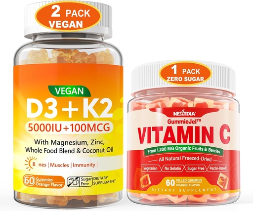[BRSRA234CQFRYHLA] 2 Pack Vegan Vitamin D3 5000IE K2 Gummies + 1 Pack hel fødevare C Gummies