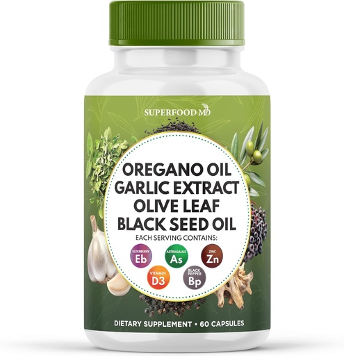 [BRSRAFD6OF7GE2Q7] Superfood MD Oregano Oil Garlic Extract Olive Leaf Black Seed Oil Astragalus- for Women and Men- 60 Count