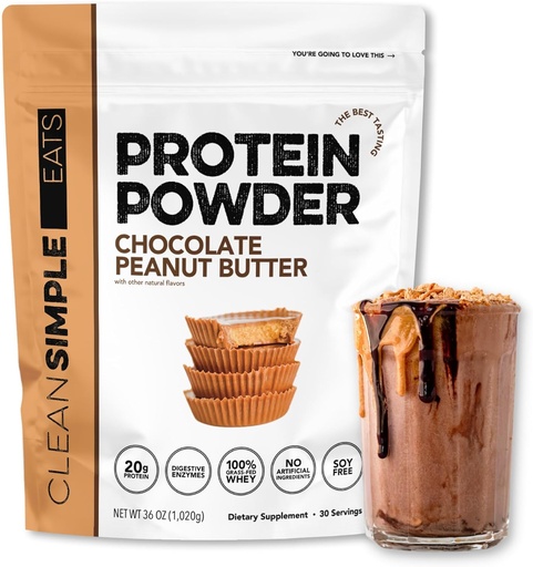 [BRSRMGQTCQJR6A32] Clean Simple Eats Whey Protein Powder, Chocolate Peanut Butter Flavor Luonnollisesti makeutettu, 100% Grass Fed Protein Powder kanssa Divegestive Enzymes & Ei Keinotekoisia ainesosia, Gluteeniton, 30 tarjoilua