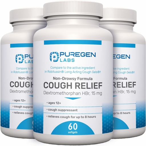 [BRSRM2Q5BEJWYYLU] P Puregen Labs Cough Relief для дорослих Dextromethorphan HBr 15mg 8-Hour, Non-Drowsy, Long-Lasting Bronchial Suppressant Ages 12 + порівняти з Robafen і Robitussin - 3 Pack Загальне 180 Softgels