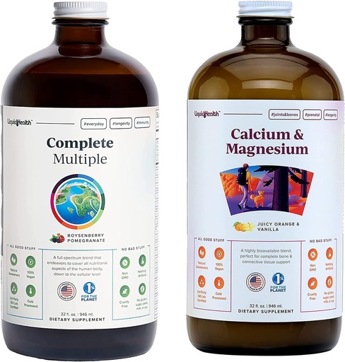 [BRSRMAIPBUHGGFDG] LIQUIDHEALTH Complete Multiple Multivitamin & Calcium and Magnesium Liquid Vitamin Bundle for Adults - Whole Body Health, Immune System, Bone & Joint Support - Whole Foods, Vegan, Non-GMO, USA Made