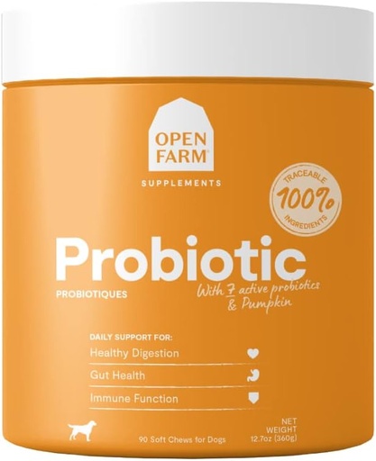 [BRSW2CY7CQPQ23TV] Open Farm Probiotic Chews, Hunde Supplement, Hundevitaminer, støtter normal flora og Bowel bevegelse ved hjelp av sporbare og Vet-anbefalte ingredienser, 12,7 oz, 90 greve