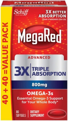 [BRSWGY3QOYCRQAL3] MegaRed Advanced 6X Absorption 800mg Omega-3s Fish Oil with EPA/DHA, No Fishy Aftertaste Supports Heart, Brain, Joint and Eye Health, 80 Count Softgels (2 Pack)