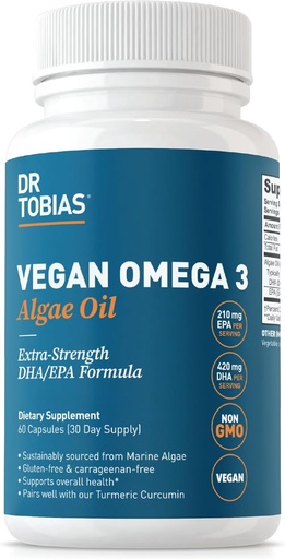 [BRSRAZYLC54BYYDH] Dr. Tobias Vegan Omega 3 Supplement, 1400mg Algae Oil, 420mg DHA, and 210mg EPA per Serving, Non-GMO, Gluten-Free, Carrageenan-Free, 60 Capsules, 30 Servings