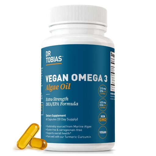 [BRSRAZYLC54BYYDH] Dr. Tobias Vegan Omega 3 Supplement, 1400mg Algae Oil, 420mg DHA, and 210mg EPA per Serving, Non-GMO, Gluten-Free, Carrageenan-Free, 60 Capsules, 30 Servings