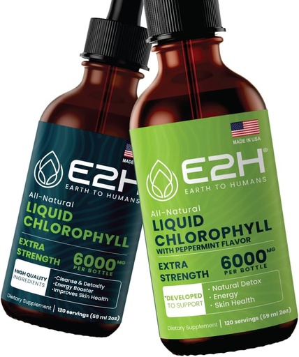 [BRSROHT4AADRSETG] E2H: Liquid Chlorophyll Natural Flavor e Peppermint Flavor | Vegan, Non-GMO - 2 Fl Oz Cada (4 Fl Oz Total) - Bundle