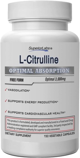 [BRSWYYD2O4GRE234] Superior Labs L-Citrulline 3000 mg, Non-GMO, High-Potency Free-Form Amino Acid, Nitric Oxide & Vasodilation Booster, Pre-Workout Muscle Pump, Endurance, Cardiovascular Support, 150 Veg Caps