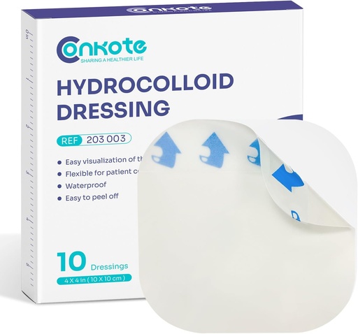 [BRSWGC32O5YRS3DF] Conkote Hydrocolloid Wound Dressing 4”x 4”, Sterile Thin Adhesive Patches, Box of 10 Dressings