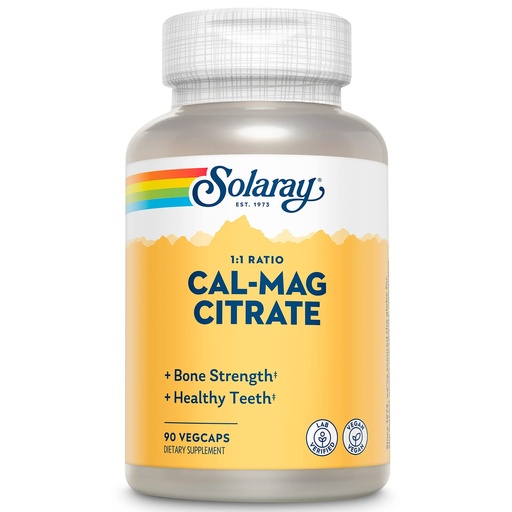 [BRSWIYTYO4GWYYDY] Solaray Calcium Magnesium Citrate 1000mg 1:1 Ratio, Bone Strength Supplement, Muscle, Nervous System and Bone Health Support, Chelated for High Absorption, Gentle Digestion, 15 Servings, 90 VegCaps