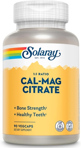 [BRSWIYTYO4GWYYDY] Solaray Calcium Magnesium Citrate 1000mg 1:1 Ratio, Bone Strength Supplement, Muscle, Nervous System and Bone Health Support, Chelated for High Absorption, Gentle Digestion, 15 Servings, 90 VegCaps