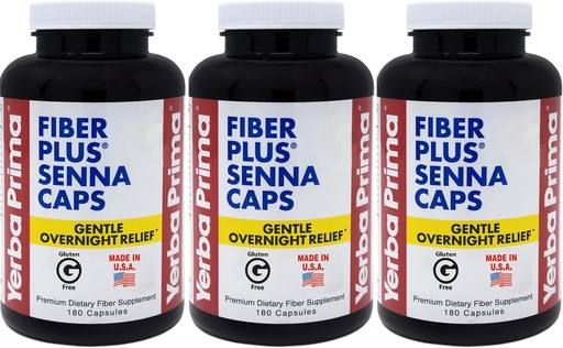 [BRSWIYYMOJ6RWCDM] Yerba Prima Fiber Plus Senna Capsules, 180 Count (Pack of 3) - 118 Servings of Gentle Overnight Relief, USA Made, Non-GMO, for Short-Term Use to Restore Regularity