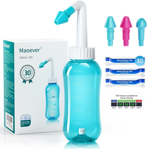 [BRSRMC3QAQMR4YA6] Neti Pot Sinus Rinse Bottle Nose Wash Cleaner Pressure Rinse Nasal Irrigation for Adult & Kid BPA Free 300 ML with 30 Nasal Wash Salt Packets and Sticker Thermometer