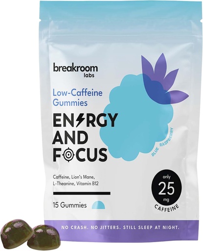 [BRSRAYADAECQ2DLG] Breakroom Labs Energy and Focus Gumies - Low koffein 25 mg w / L- Theanine, Lions Mane, B12-vitamin - Nootropic Brain Supplement felnőttek, Kids - Vegan, Alacsony Cukor, Kék Málna Flavor, 15 szerváció