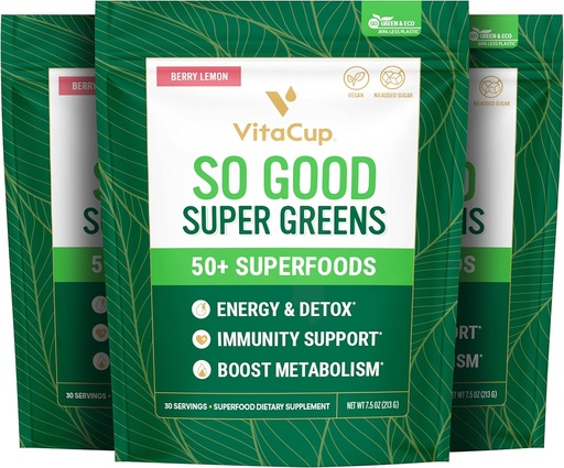[BRSRMBA3C55G2CTJ] VitaCup Super Greens Powder Smoothie & Juice Mix w/ 50+ Premium Superfoods, Digestive Health, Bloating Relief, Detox, Gut Health w/Probiotics, Antioxidants, Berry Lemon, 30 Servings Each, 3 Bags