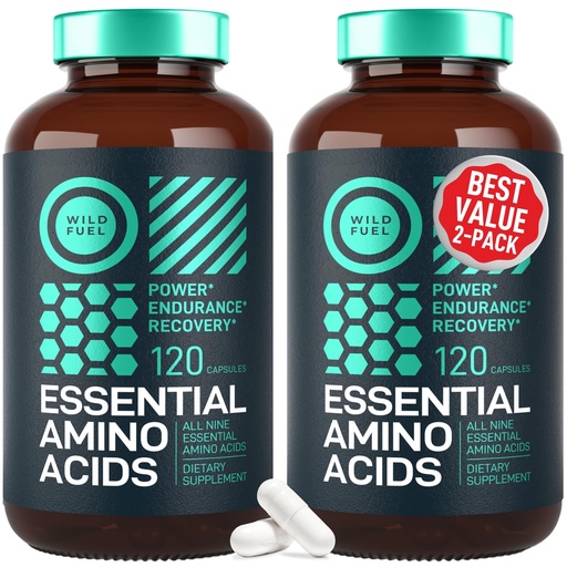 [BRSROYYTCJ7A2EL3] WILD FUEL Essential Amino Acids Supplement for Women and Men - All 9 BCAAs Amino Acid Complex for Power and Recovery - EAA Lysine, Tryptophan, Isoleucine - 2 Pack 240 Vegan BCAA Capsules