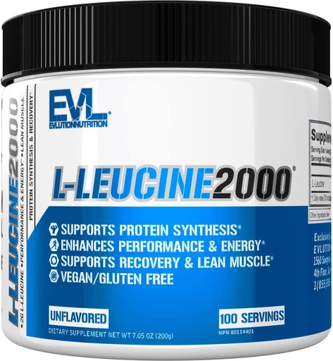 [BRSWYY33OQMAE3D2] Evlution Nutrition L-Leucine 2000 - Protein Synthesis, Recovery & Muscle Support - Performance & Energy - 2000mg L-Leucine - Gluten Free & Vegan - Unflavored Dietary Supplement Powder - 100 Servings
