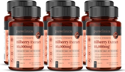 [BRSWGYA6CEFAKDLO] pureclinica Bilberry Extract 10,000mg x 1080 Tablets (6 Bottles of 180) - 10 X More anthocyanidins