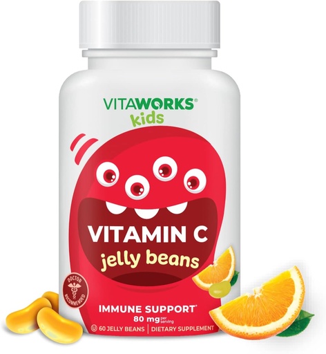 [BRSRMAQTCEPRAF32] Kids Vitamin C Jelly Beans 80mg - Tasty Natural Orange Blast Flavor - Vegan, GMO-Free, Gluten Free, Nut Free Vitamins - Suplemento dietético - para nenos - 60 Jellies