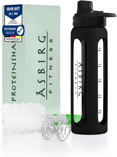 [BRSRAFIOCMPBSFY6] 2.0 Fitness | Protein Shaker Made of Glass | Protein Shaker | Drinking Bottle | with Spiral Ball | 24 oz (Black)