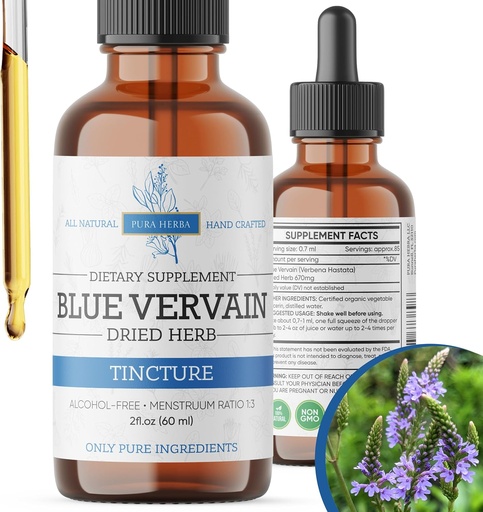 [BRSROBABAFYRSEI7] Azul verbena Herb Orgânico, Verbena azul Tintura, Álcool livre, Vegan - 2 Fl Oz