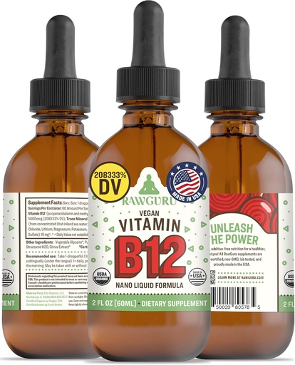 [BRSROGARO55AI3L2] RawGuru Vitamin B12 Liquid Supplement - Organic Vegan Liquid B12 with Trace Minerals - Nano-Processed Antioxidant & Immune Support Supplement Tincture - 60 Servings of Vegan Drops per 60 ml, Pack of 1