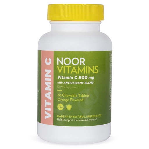 [BRSWYFIOPINGOFL4] Noor Vitamins 500 MG Halal Vitamin C Chewable Tablets + Rose HIPS and Antioxidants I Supports Immune System I Vegan, Gluten Free & Halal Vitamin 60 Orange Flavored Chewable Tablets I 2 Month Supply