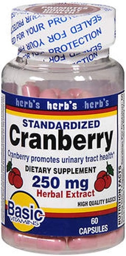 [BRSWGYI7OAFQOE3A] Basic Vitamins Cranberry 250 mg Herbal Extract Capsules - 60 ct, Pack of 2