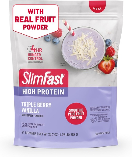 [BRSRAZIFBYOWG2T5] SlimFast High Protein Smoothie Mix Plus Fruit Powder, High Protein Meal Replacement Powder, Fiber, Vitamin C, 21 Servings, 1.29 Pounds, Triple Berry Vanilla (Packaging May Vary)
