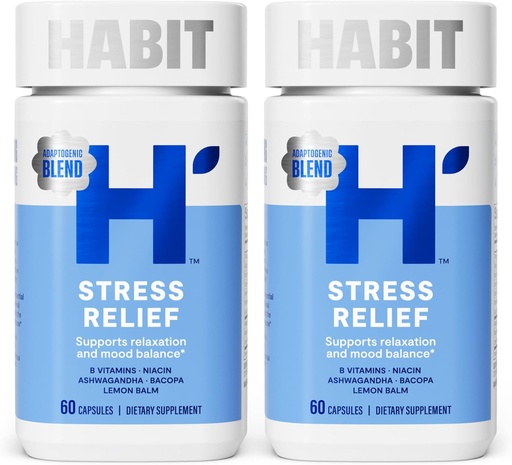 [BRSRAZYYPJYR6D3L] Habit Stress Relief Supplement 2 Pack (120 Kapsler) - Ny look, Støtter Avslapping og Mood Balance, Vitamin B, Adaptogens, Lemon Balm, Calming, Vegan, Ikke-GMO