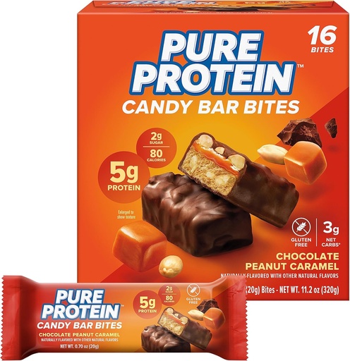 [BRSRMGQRBBYB6E33] Pure Protein Candy Bar Bites, Chocolate Peanut Caramel, 5g Protein, Gluten Free, Low Sugar, 0.70 oz, 16 Pack (Packaging May Vary)