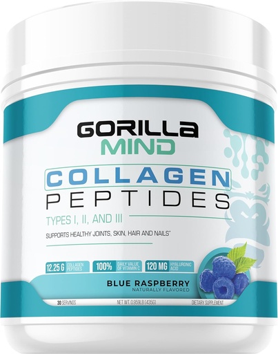 [BRSROEIZCJ4A2FLZ] Gorilla Mind Collageen Peptides Powder - Gezamenlijke & Bone Health/Great for Hair, Skin & Nails/Sleep Support/Types I, II, III/Mix in Water, Juice or a Smoothie - 435g (Blauwe Raspberry)