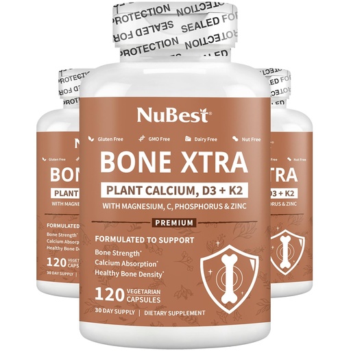 [BRSROFLRDEAQ4DQV] Bone Xtra - Vegan Bone Strength Formula for Stronger Bones, Plant-based Calcium from Marine Algae, Vitamins D3, Vitamin K2, Magnesium, Phosphorus & More for Teens, Adults - 3 Months Supply | 3 Pack