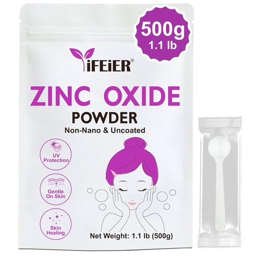 [BRSRAZQDOAFBUFA7] Zinc Oxide Powder | 500g(1.1 lb) 100% Pure Non Nano Uncoted Zinc Oxide Powder for Skin Protection | Cosmetics Grade Ideal for DIY Sunscreen, Lotion, Deodorant, and Skincare