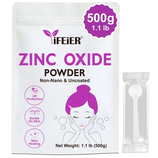 [BRSRAZQDOAFBUFA7] iFEiER Zinc Oxide Powder | 500g(1.1 lb) 100% Pure Non Nano Uncoted Zinc Oxide Powder for Skin Protection | Cosmetics Grade Ideal for DIY Sunscreen, Lotion, Deodorant, and Skincare