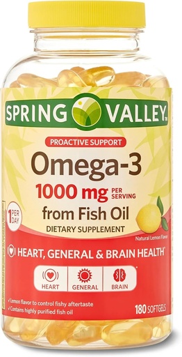 [BRSWGBQNPINRUCDD] Spring Valley Omega-3 1000 mg from Fish Oil, Heart, Brain Health, Lemon,180 Softgels