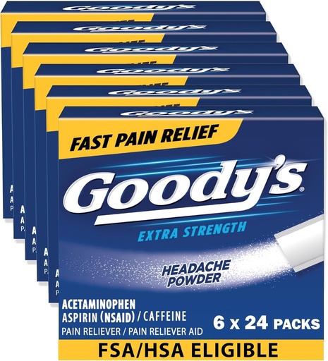 [BRSWKZQAC54GYFA7] Goody’s Headache Powder Extra Strength Pain Relief, Triple Action Headache Relief with Aspirin, Acetaminophen & Caffeine, 24 Count, Pack of 6