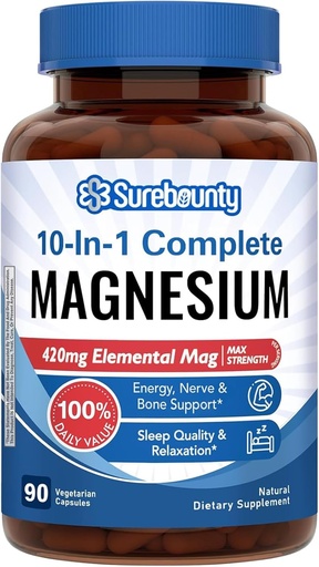 [BRSROBIHDMAREDTV] Magnesium Complex, 10-in-1 Formula, 420mg Elemental Mag Per Serving, Magnesium Glycinate, Malate, Citrate, High Absorption, Bone & Relaxation, 90 Caps