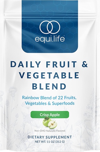 [BRSRMZQTOUOQYHYZ] Equilife Daily Fruit & Vegetable Blend, Superfood Antioxidant Supplement, Crisp Apple Flavor with Vitamin C, Fiber, and 9 Essential Amino Acids, Supports Energy, Low Sugar, Vegan, 30 Servings