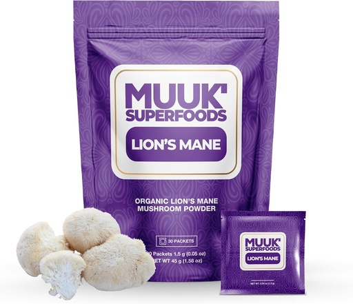 [BRSRAATYO4PAEAA7] MUUK's SUPERFOODS  Organic Organic Lion's Mane Mushroom Powder | Brain Boosting ON-GO Packets | Laget i USA | 30 Sachets (1,5g)